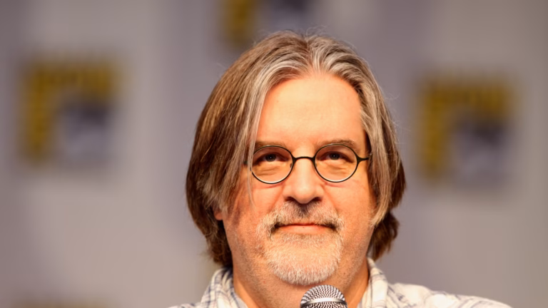 Matt Groening, creator of The Simpsons, at a microphone during The Simpsons panel at San Diego Comic-Con in 2010