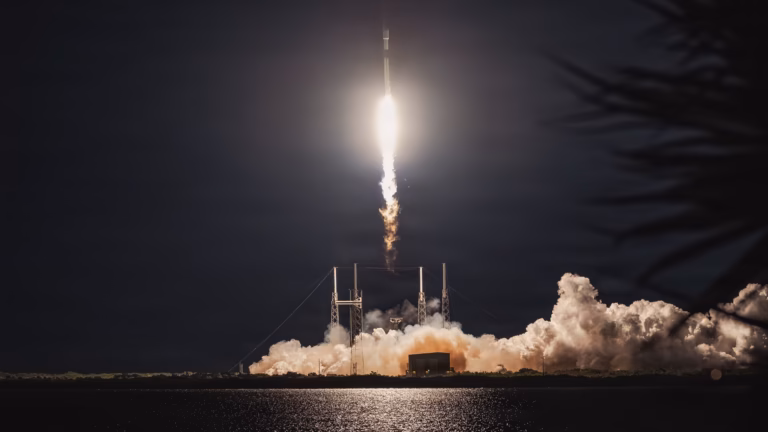 A Falcon 9 rocket lifts off at night from Cape Canaveral carrying the GPS III SV09 navigation satellite, January 2026