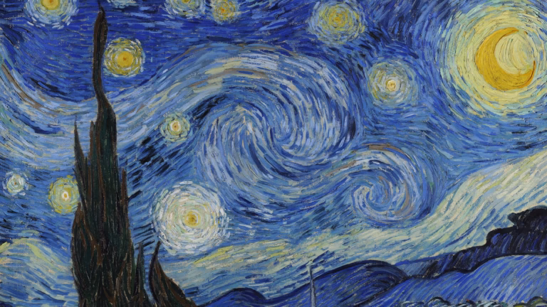 Detail of Vincent van Gogh's The Starry Night (1889): swirling brushstrokes in the night sky above a dark cypress, with a crescent moon at right