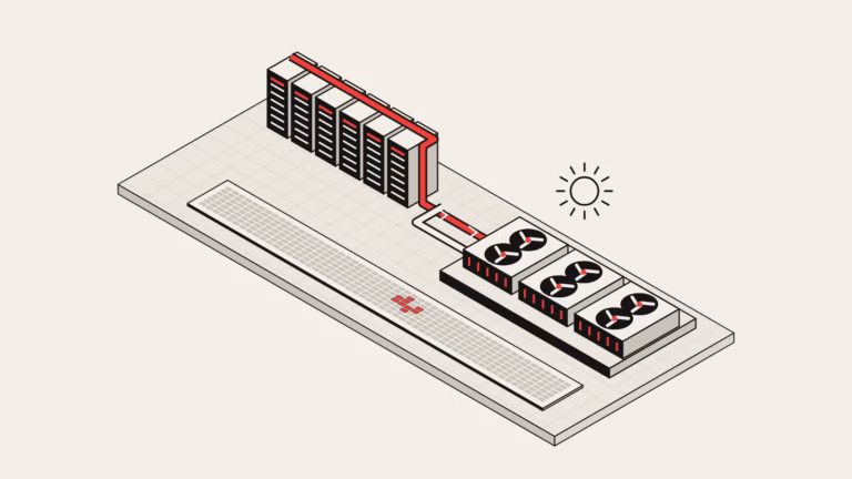 Isometric illustration of a row of liquid-cooled server racks sending a red warm-coolant loop to rooftop dry coolers, with a year-long grid of days in which only a small cluster of cells is red.