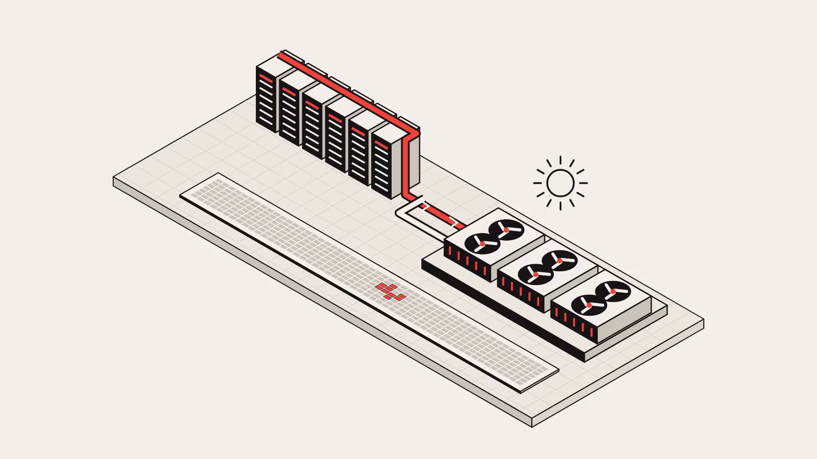 Isometric illustration of a row of liquid-cooled server racks sending a red warm-coolant loop to rooftop dry coolers, with a year-long grid of days in which only a small cluster of cells is red.