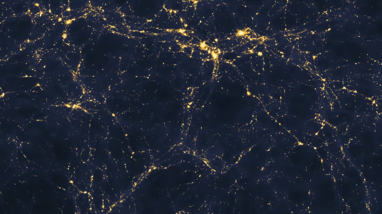 Computer simulation of the cosmic web: glowing filaments of gas and galaxies wrap around dark, nearly empty voids across more than 50 million light years