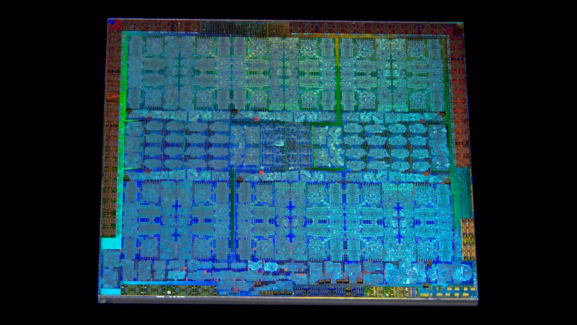 Die photograph of an Nvidia TU104 graphics processor from a GeForce RTX 2080, showing the repeating blocks of its streaming multiprocessors